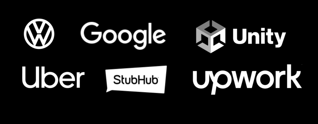 A mix of logos of companies Kevin worked at. These are Google, Unity, Volkswagen, Uber, and Stubhub. Kevin currently works at Upwork.